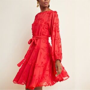 Anthropologie Mare Mare Amal Puff Sleeve Textured Floral Mini‎ Dress Red Size XS